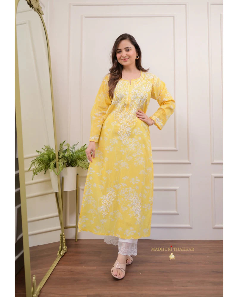 Yellow Chikankari Mul Cotton Kurti