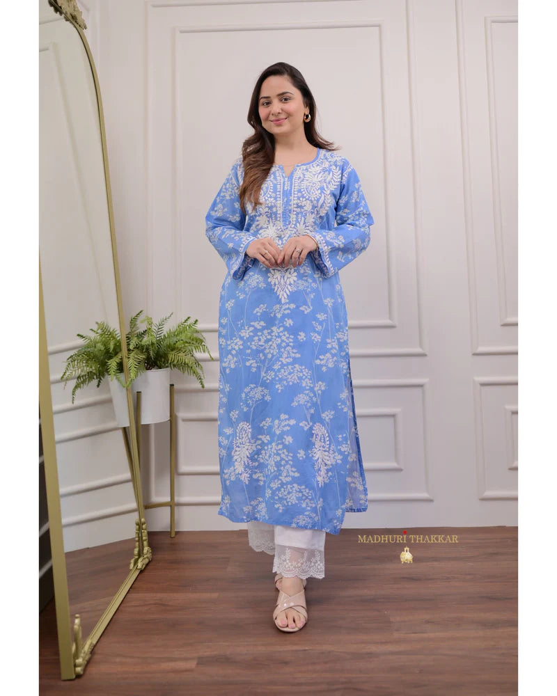 Sky Chikankari Mul Cotton Kurti