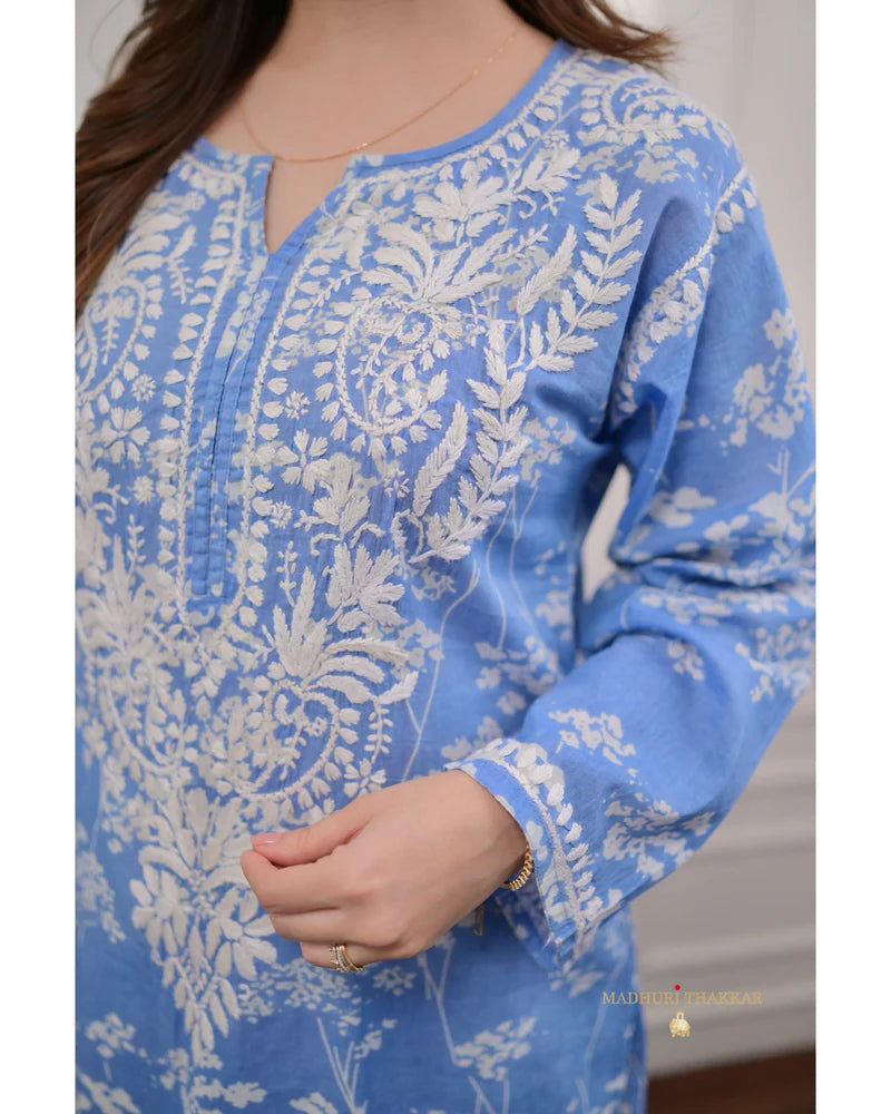 Sky Chikankari Mul Cotton Kurti