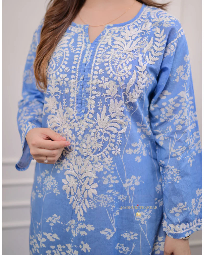 Sky Chikankari Mul Cotton Kurti