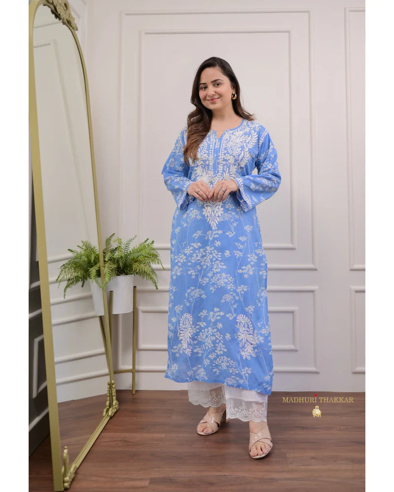 Sky Chikankari Mul Cotton Kurti