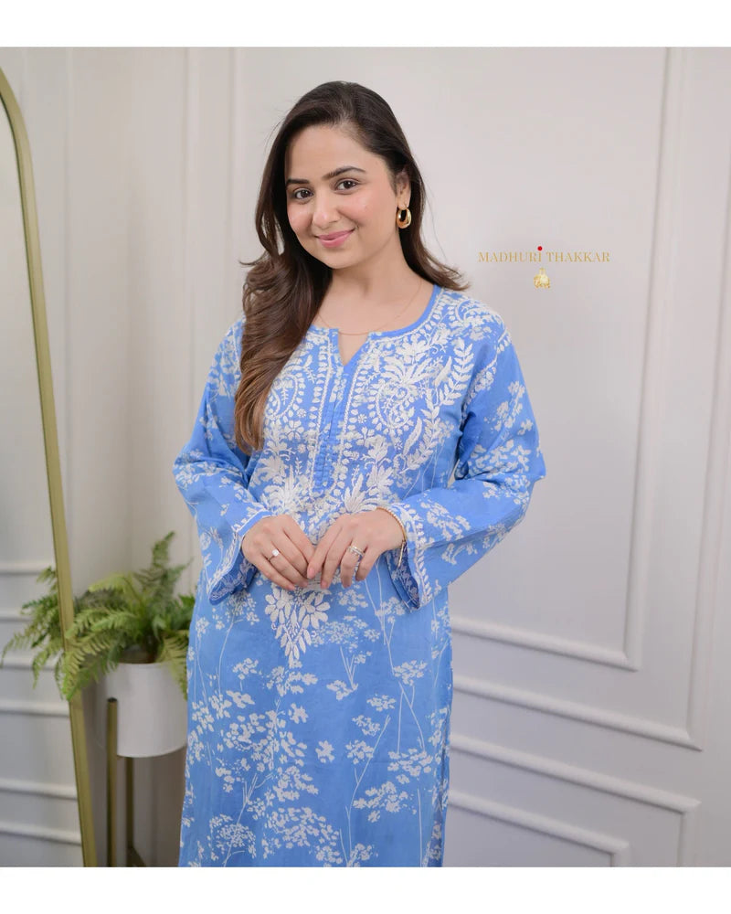 Sky Chikankari Mul Cotton Kurti