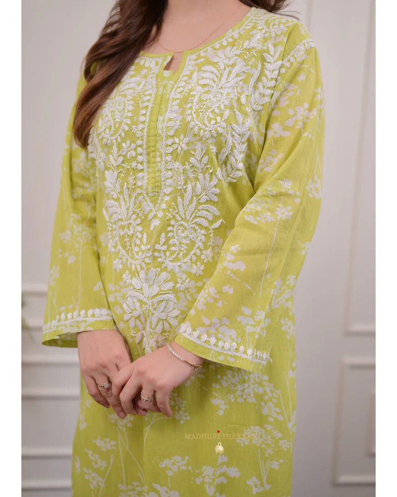 Parrot Chikankari Mul Cotton Kurti
