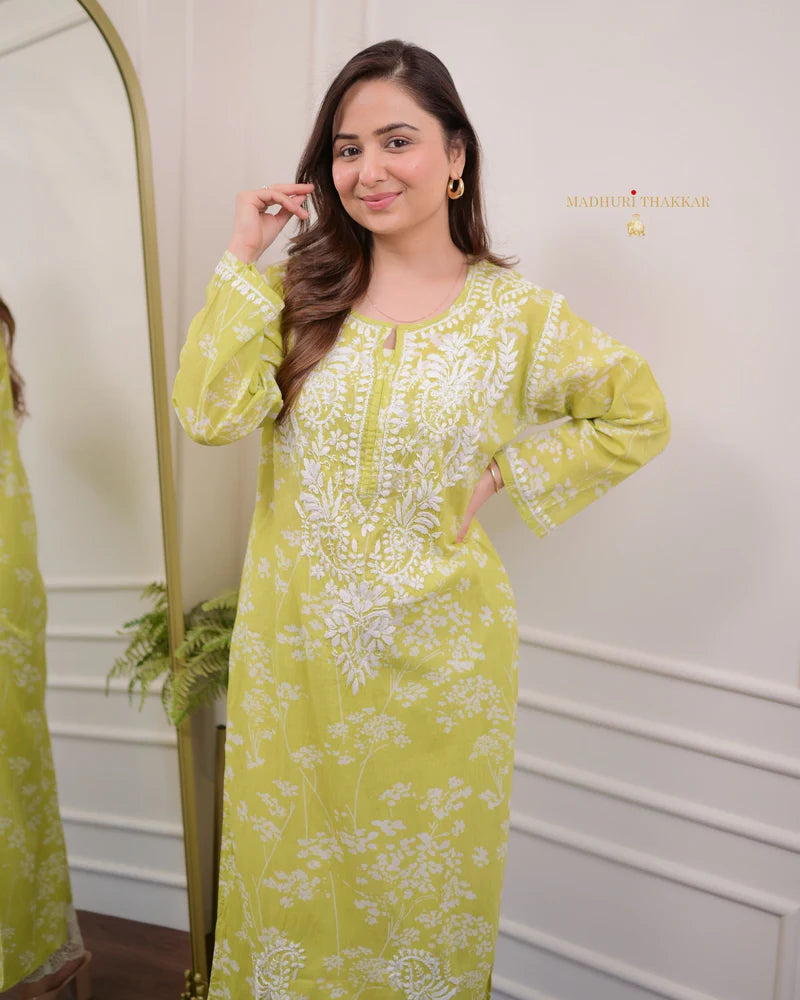 Parrot Chikankari Mul Cotton Kurti