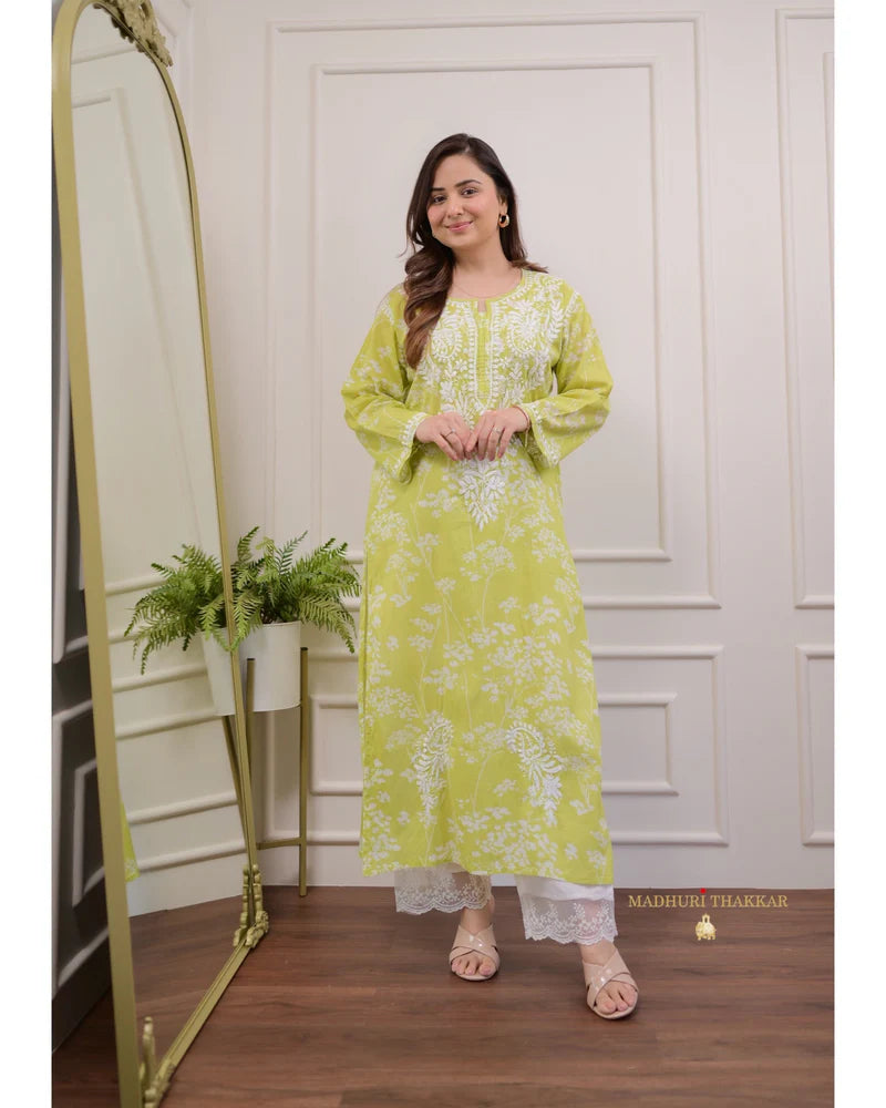 Parrot Chikankari Mul Cotton Kurti