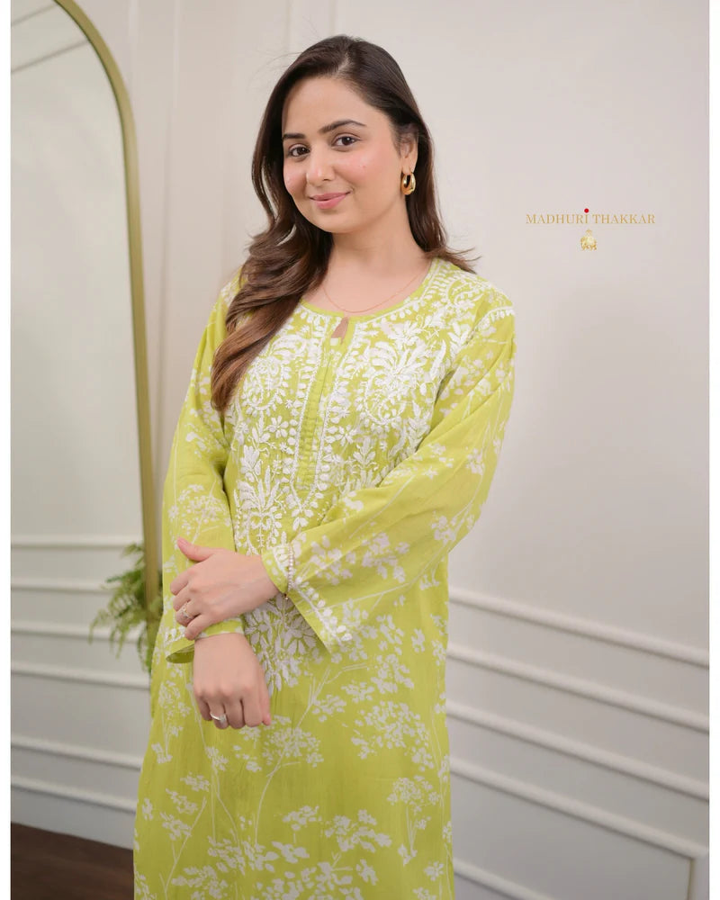 Parrot Chikankari Mul Cotton Kurti
