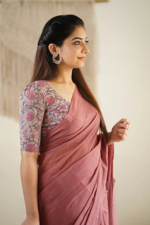trending villa rich pink cotton look saree