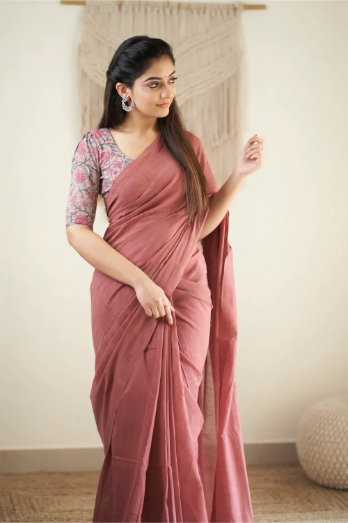trending villa rich pink cotton look saree
