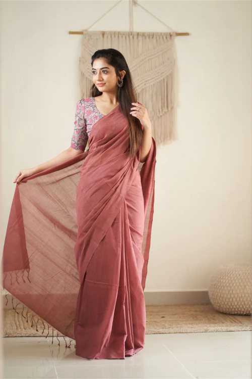 trending villa rich pink cotton look saree