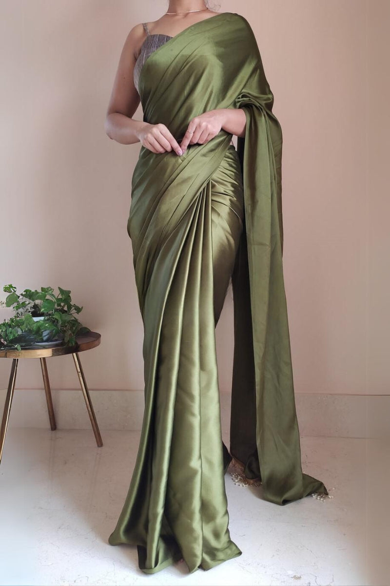 Women's Ready to Wear POISON GREEN Satin Silk 1 Minute Pre Pleated Heavy Saree with Designer Hand Work Tassels