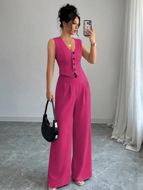 Women Sleeveless Blazer Top And Pants Casual Suit Set
