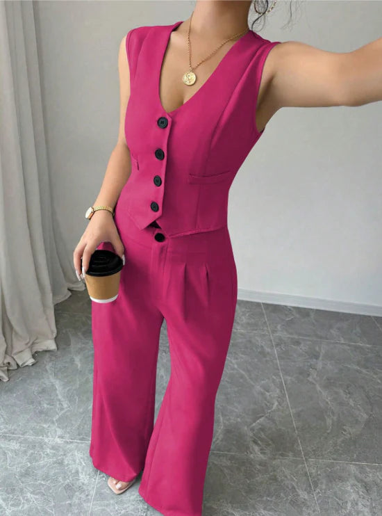 Women Sleeveless Blazer Top And Pants Casual Suit Set