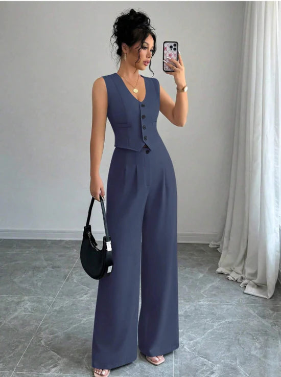 Women Sleeveless Blazer Top And Pants Casual Suit Set
