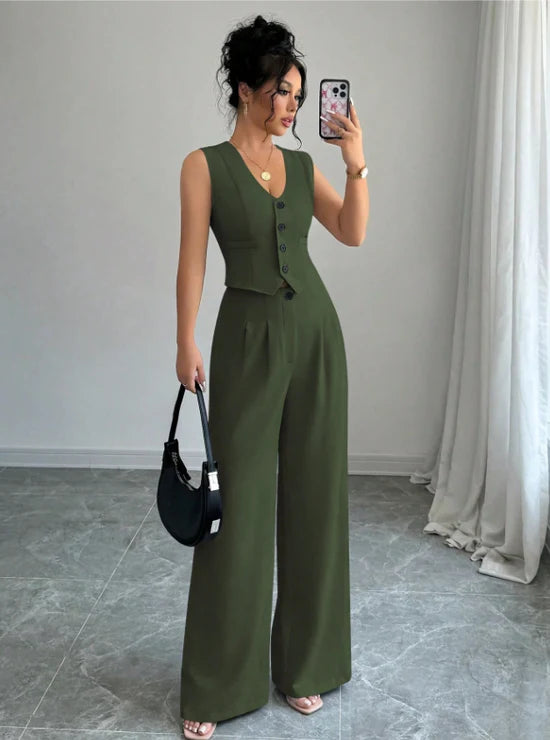Women Sleeveless Blazer Top And Pants Casual Suit Set
