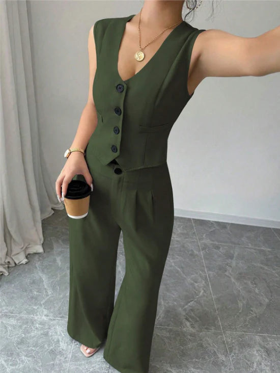 Women Sleeveless Blazer Top And Pants Casual Suit Set