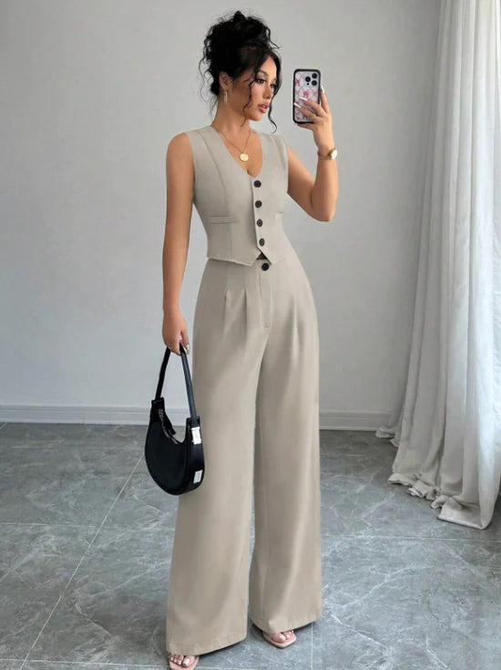 Women Sleeveless Blazer Top And Pants Casual Suit Set