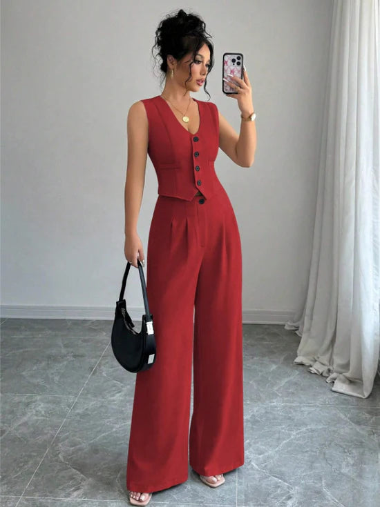 Women Sleeveless Blazer Top And Pants Casual Suit Set