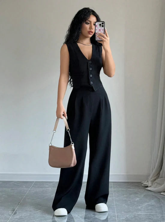 Women Sleeveless Blazer Top And Pants Casual Suit Set