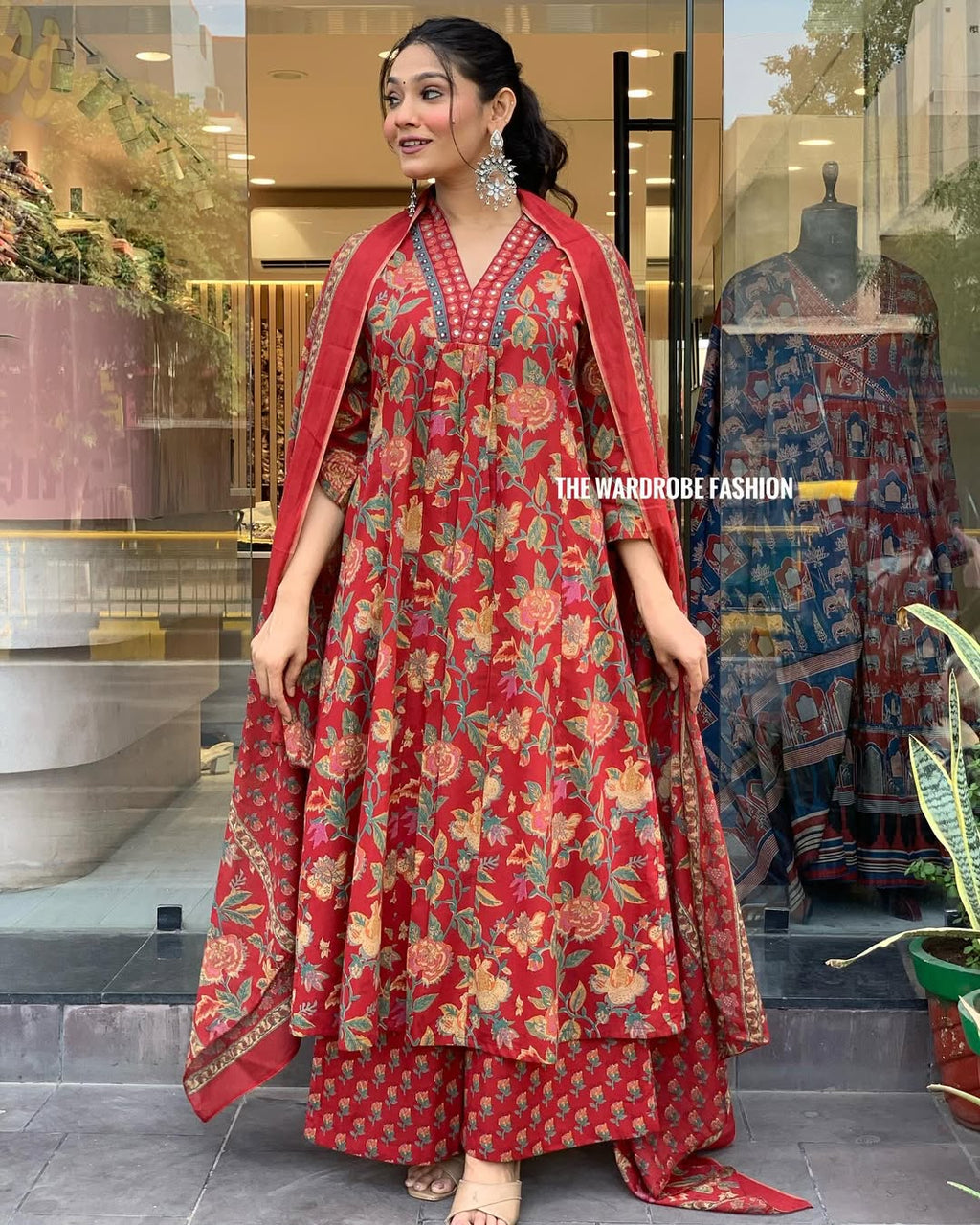 Women's Printed Cotton Anarkali Kurta & Pant With Dupatta Set