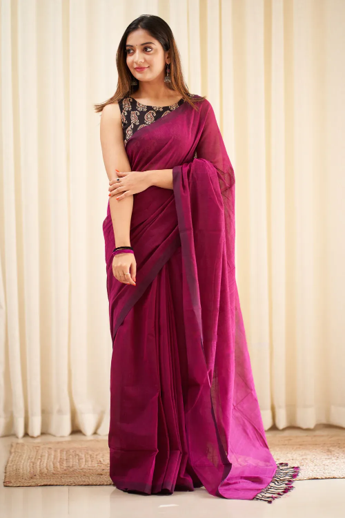 Wine Colour Chanderi Saree With Digital Printed Blouse