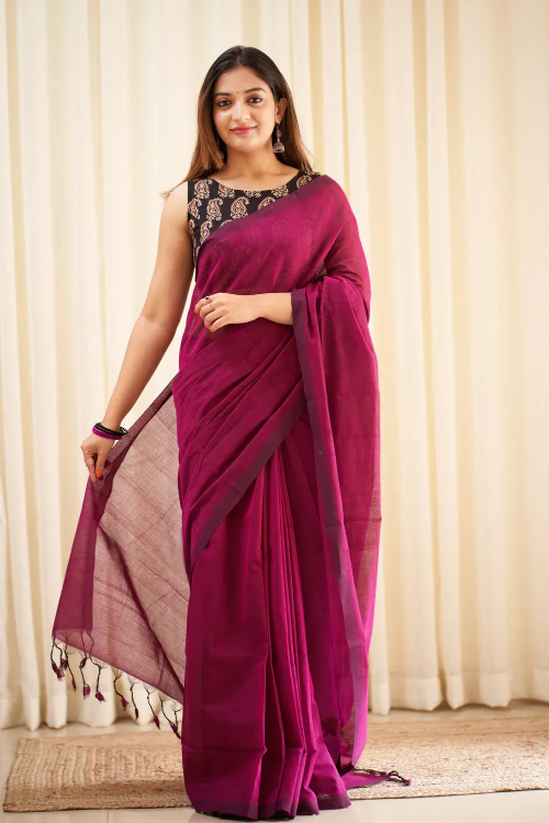 Wine Colour Chanderi Saree With Digital Printed Blouse