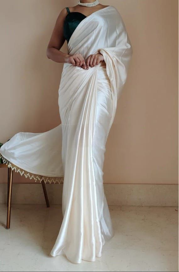 Women's Ready to Wear PEARL WHITE Satin Silk 1 Minute Pre Pleated Heavy Saree with Designer Hand Work Tassels
