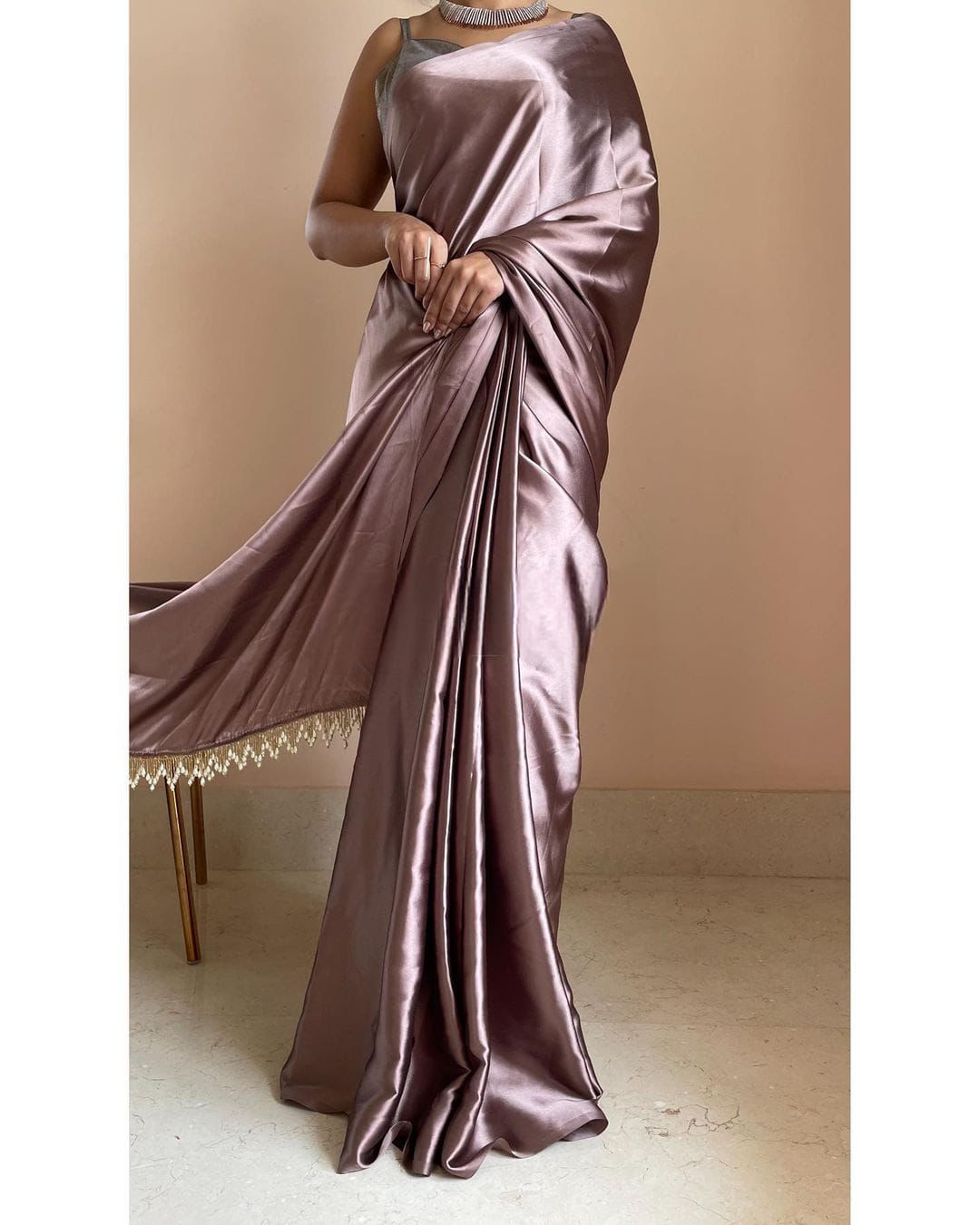 Women's Ready to Wear METALLIC PINK  Satin Silk 1 Minute Pre Pleated Heavy Saree with Designer Hand Work Tassels
