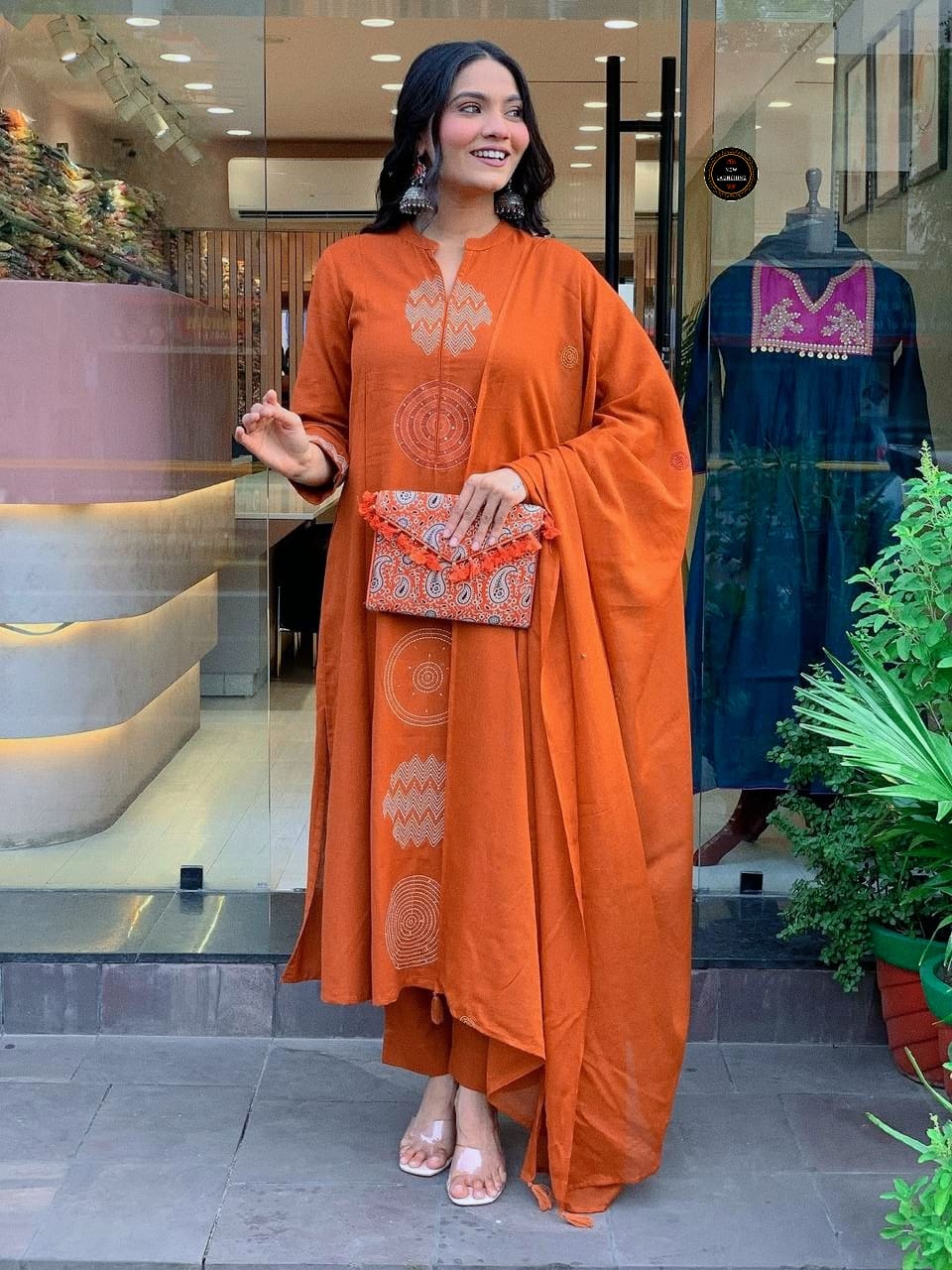 Rust Orange Embroidered Cotton Suit Set with Dupatta