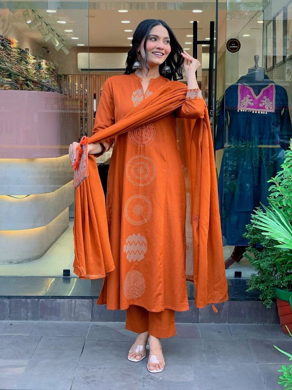 Rust Orange Embroidered Cotton Suit Set with Dupatta