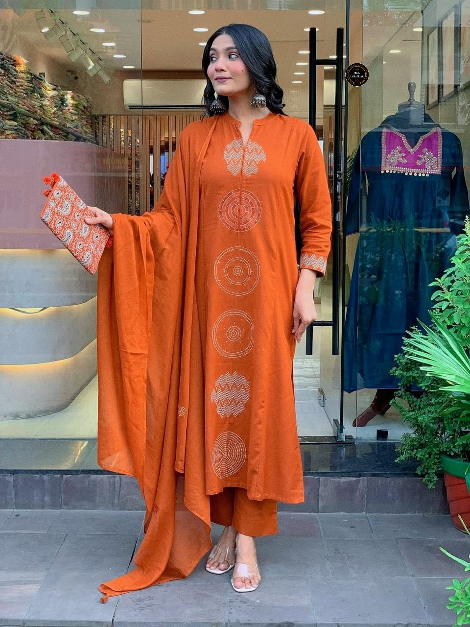Rust Orange Embroidered Cotton Suit Set with Dupatta