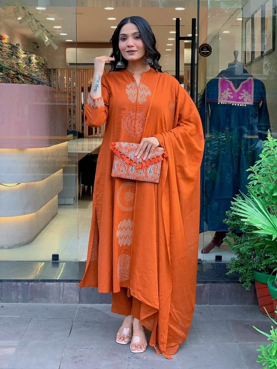 Rust Orange Embroidered Cotton Suit Set with Dupatta