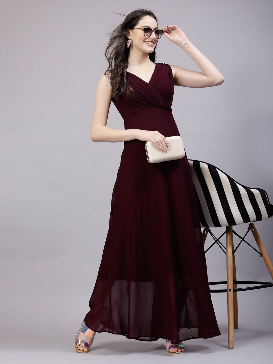 V-Neck Fit &amp; Flare Georgette Dress (MAROON)