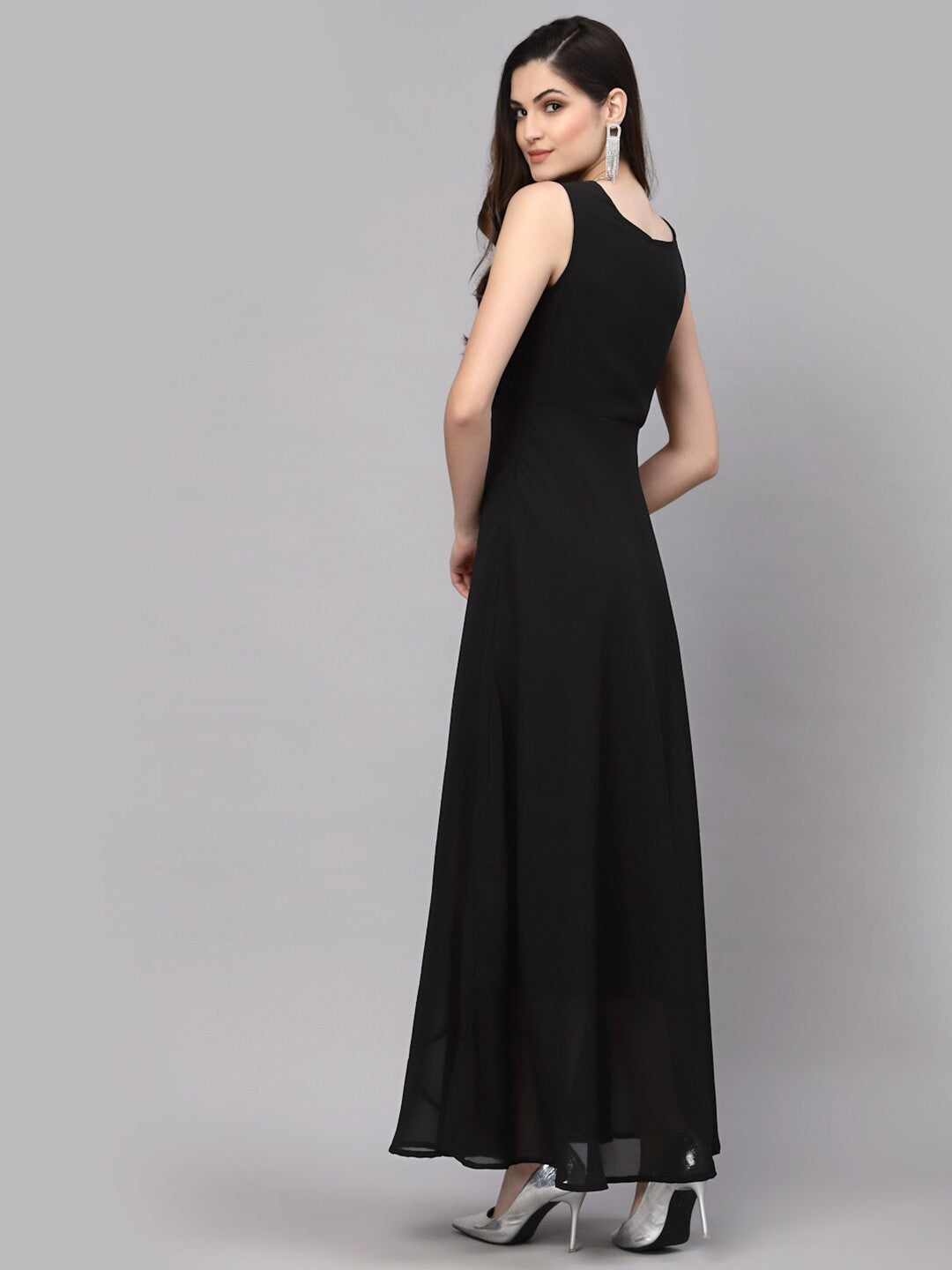 V-Neck Fit & Flare Georgette Dress (BLACK)