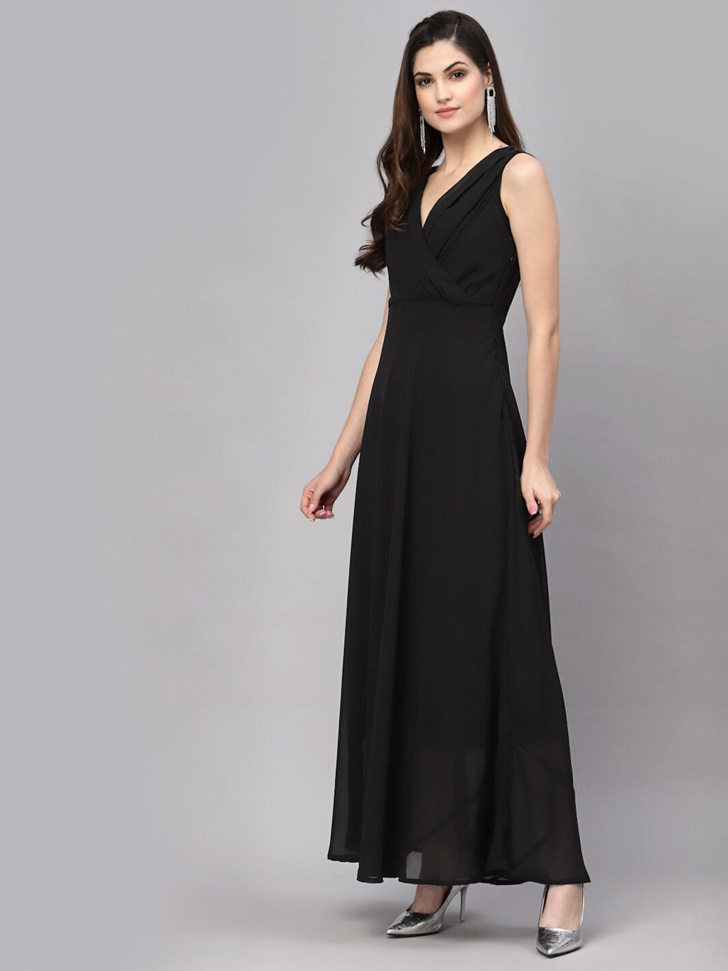 V-Neck Fit & Flare Georgette Dress (BLACK)