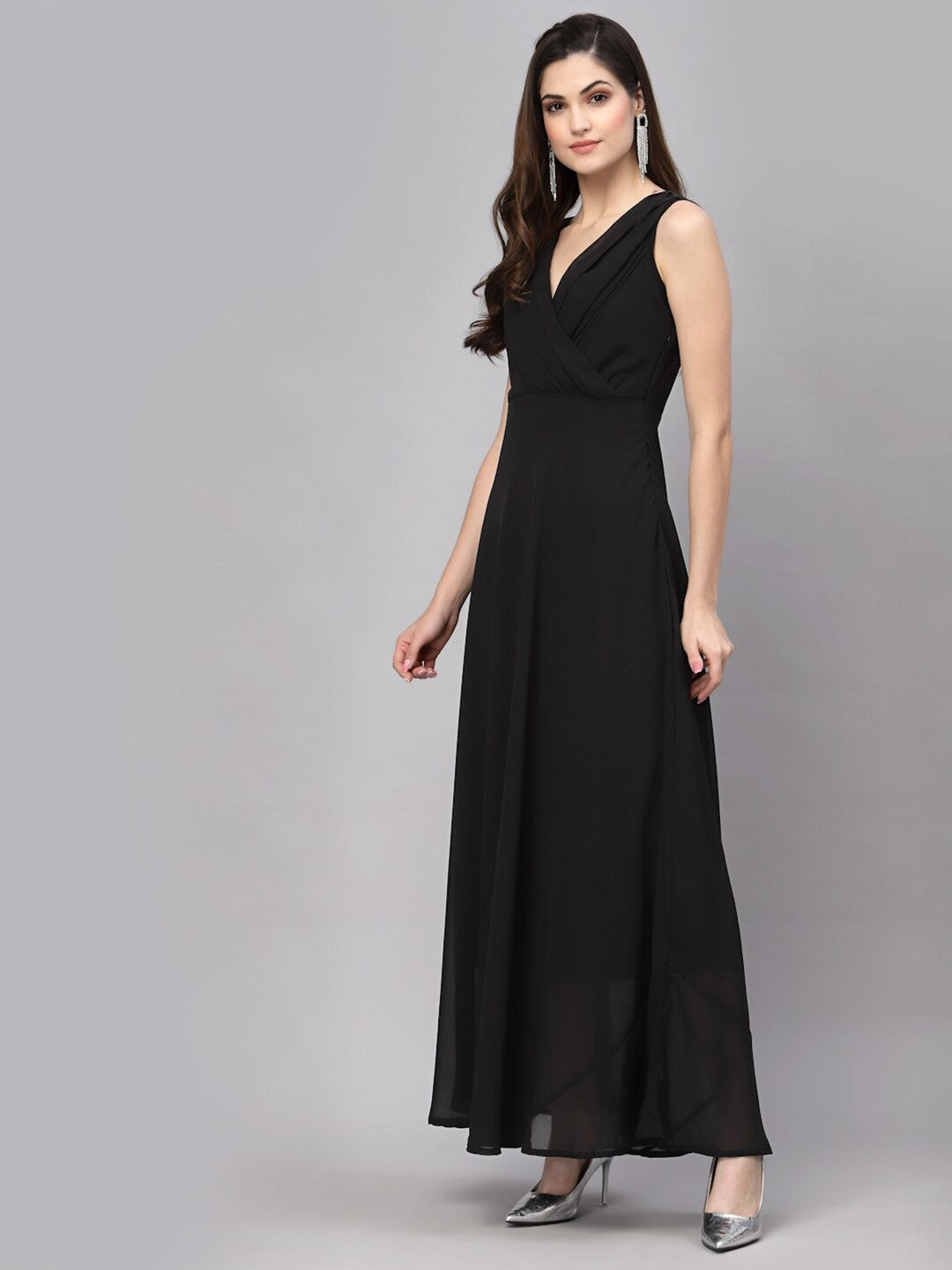 V-Neck Fit & Flare Georgette Dress (BLACK)