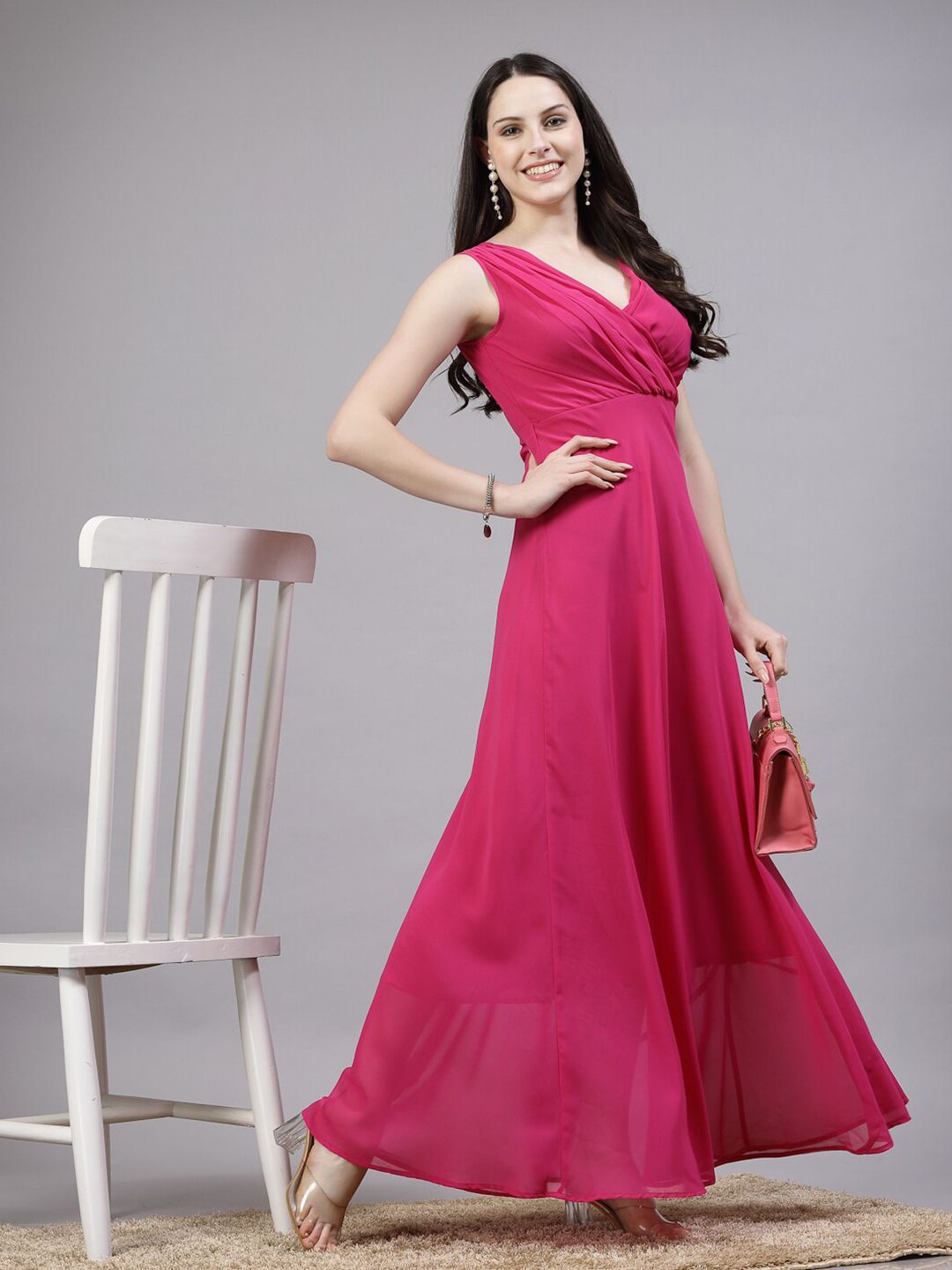V-Neck Fit & Flare Georgette Dress (PINK)