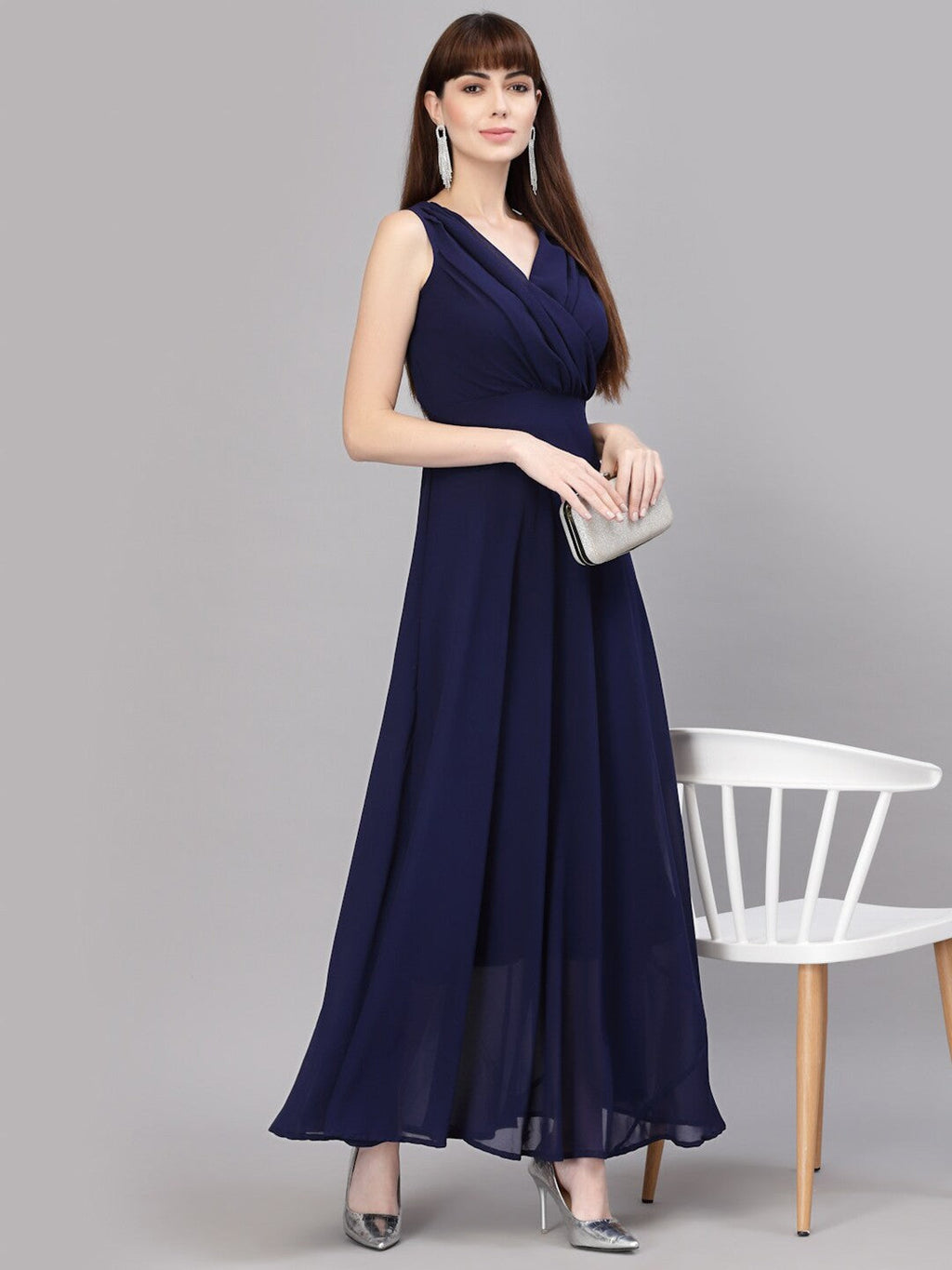 V-Neck Fit & Flare Georgette Dress (NAVY BLUE)