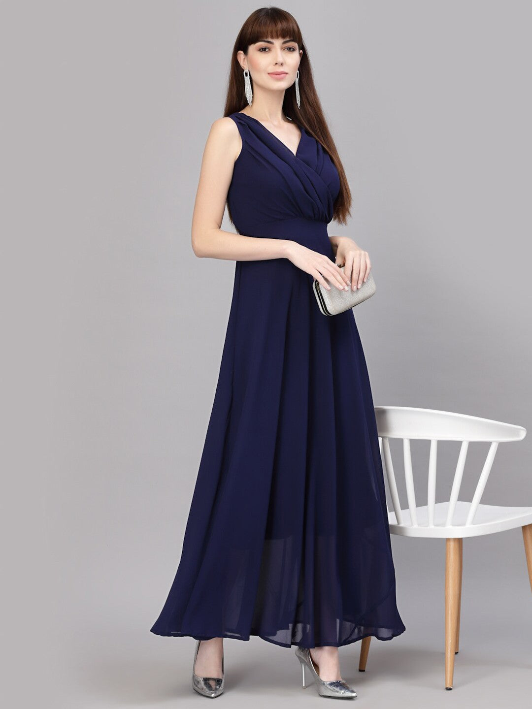 V-Neck Fit & Flare Georgette Dress (NAVY BLUE)
