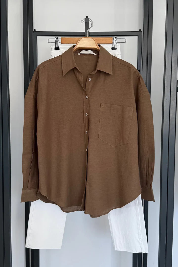 Pocketed Oversized Bamboo Cotton Shirt Brown