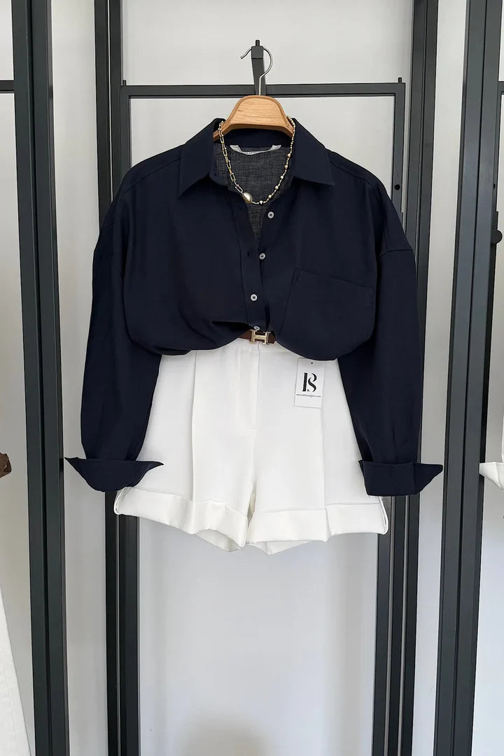 Pocketed Oversized Cotton Shirt Navy