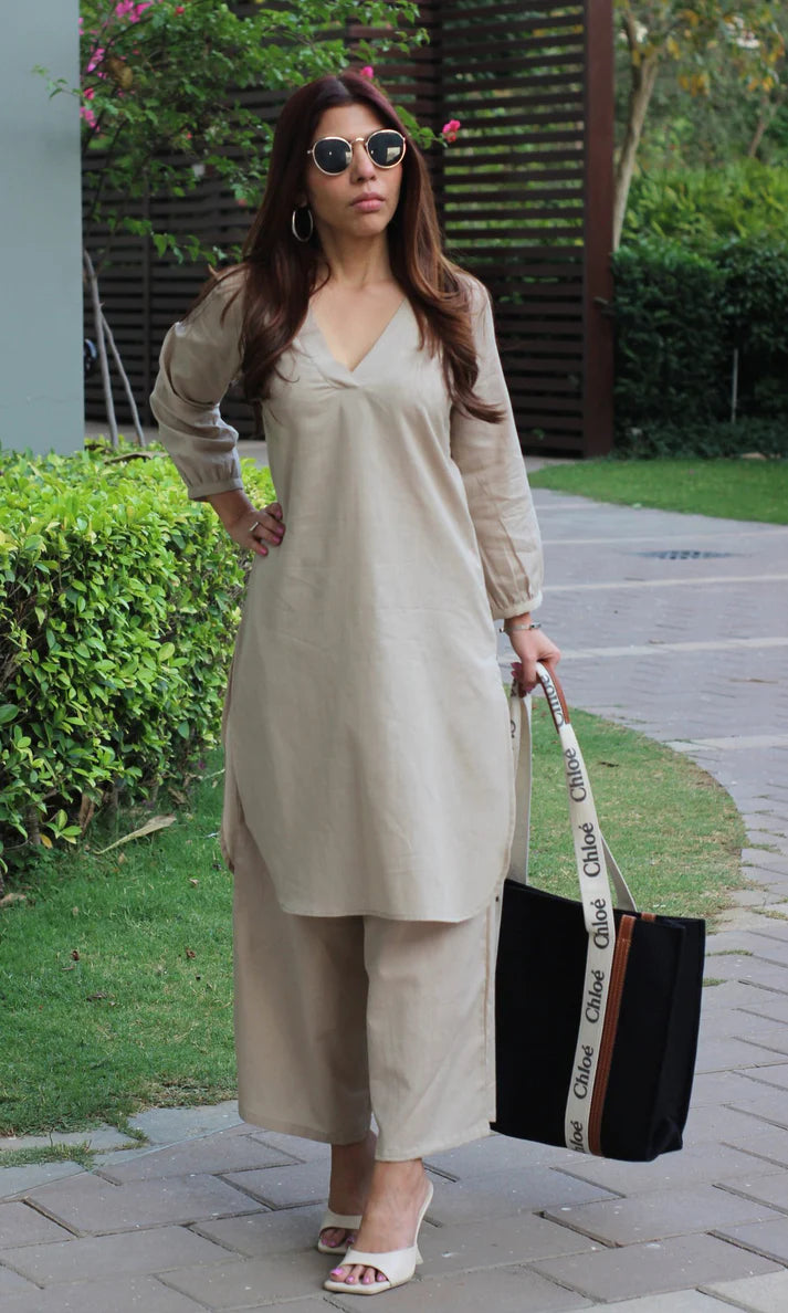 Cotton Mix Beige Coord Set