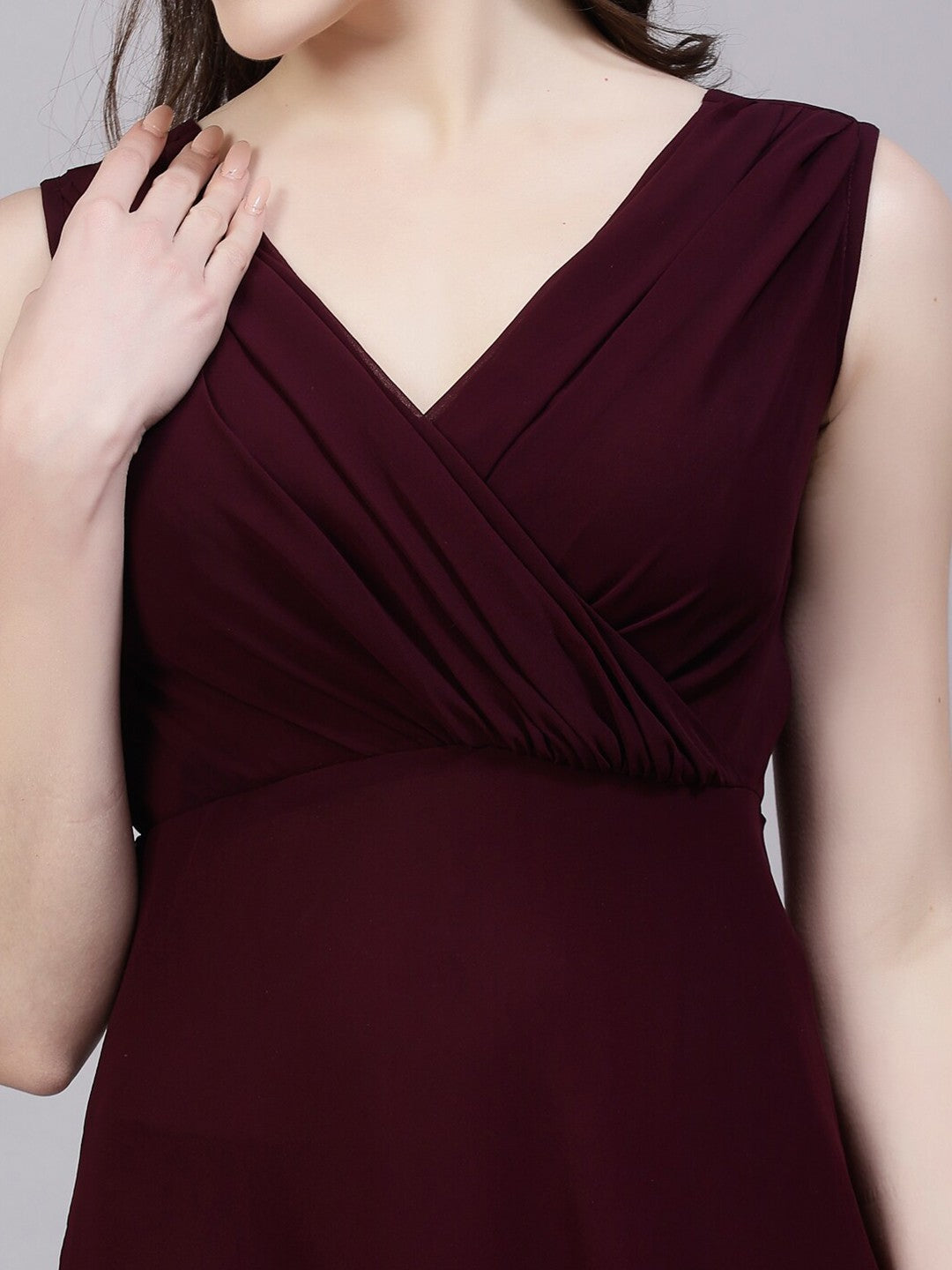 V-Neck Fit &amp; Flare Georgette Dress (MAROON)