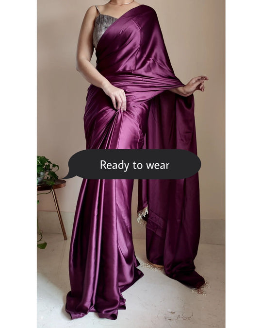 Women's Ready to Wear DEEP PURPLE  Satin Silk 1 Minute Pre Pleated Heavy Saree with Designer Hand Work Tassels