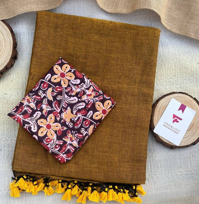 Mustard Khadi Cotton Saree & Designer Blouse