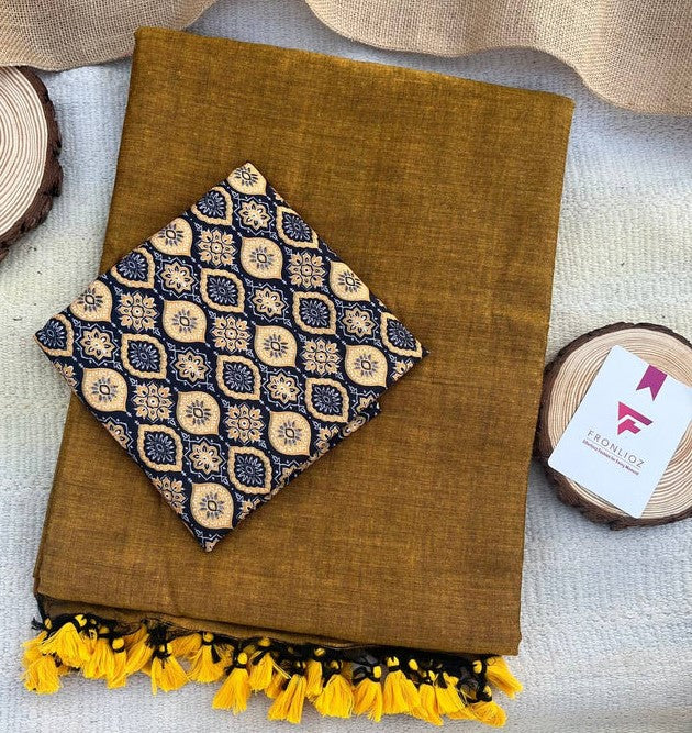 Mustard Khadi Cotton Saree & Designer Blouse