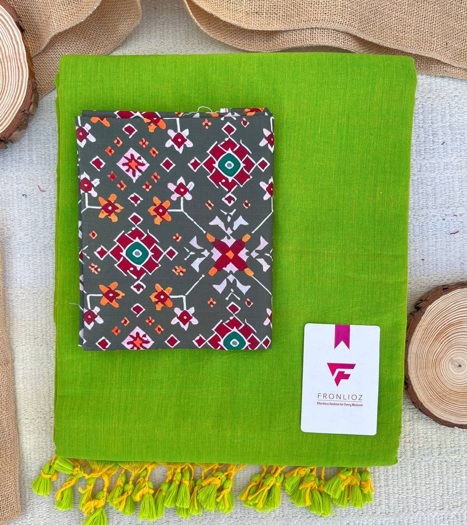 Parrot Khadi Cotton Saree & Designer Blouse