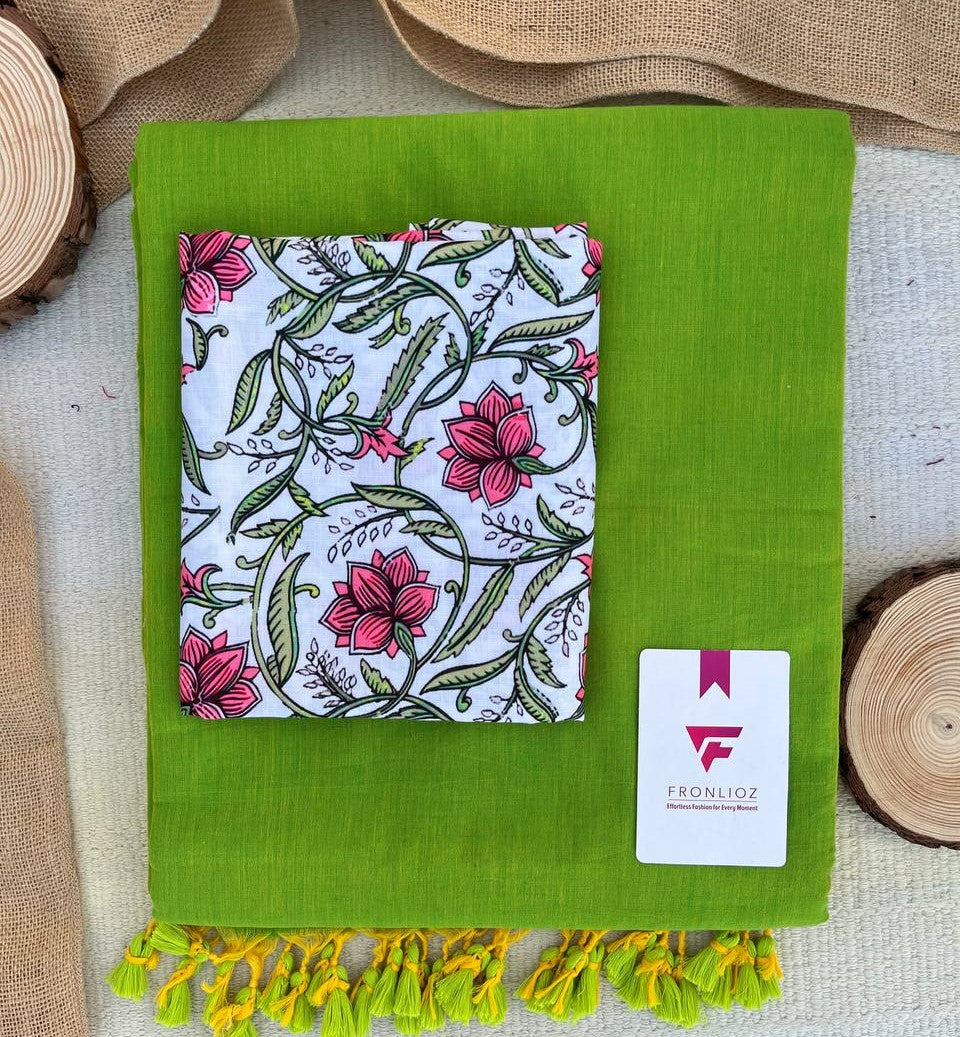 Parrot Khadi Cotton Saree & Designer Blouse