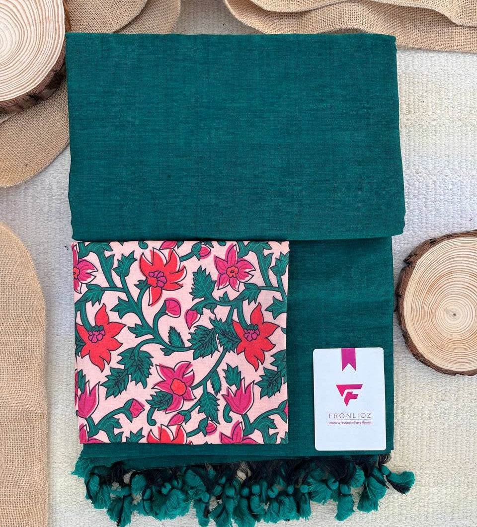 Green Khadi Cotton Saree & Designer Blouse