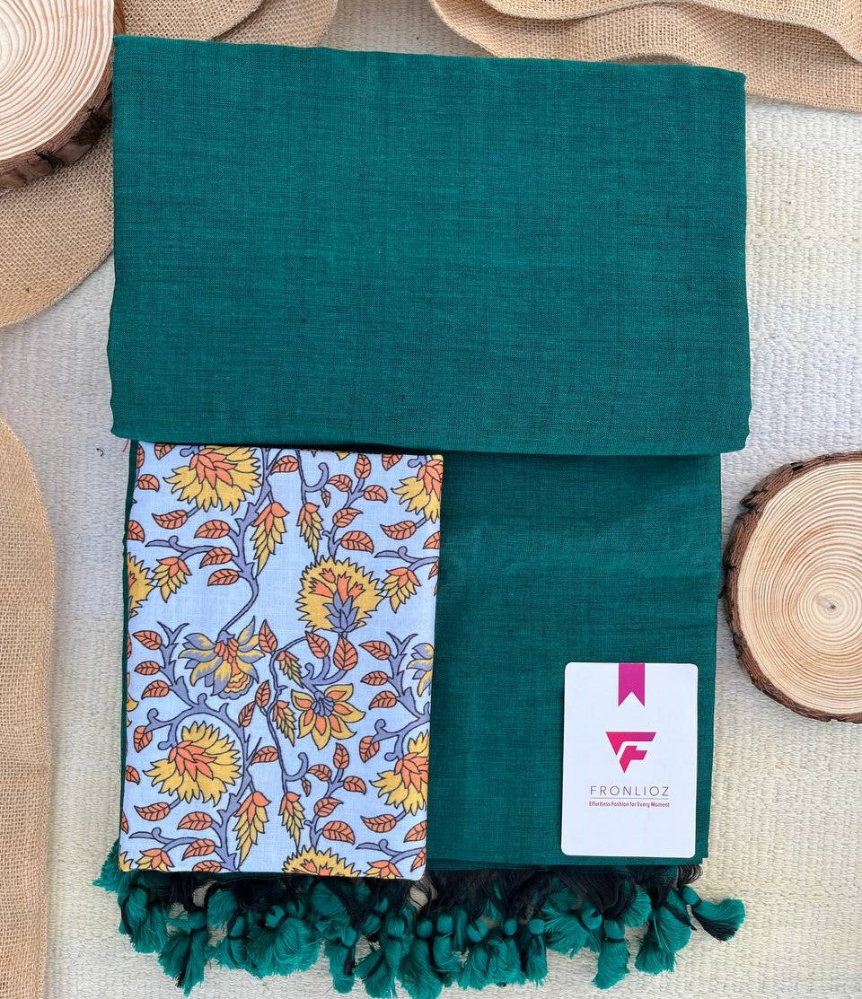 Green Khadi Cotton Saree & Designer Blouse