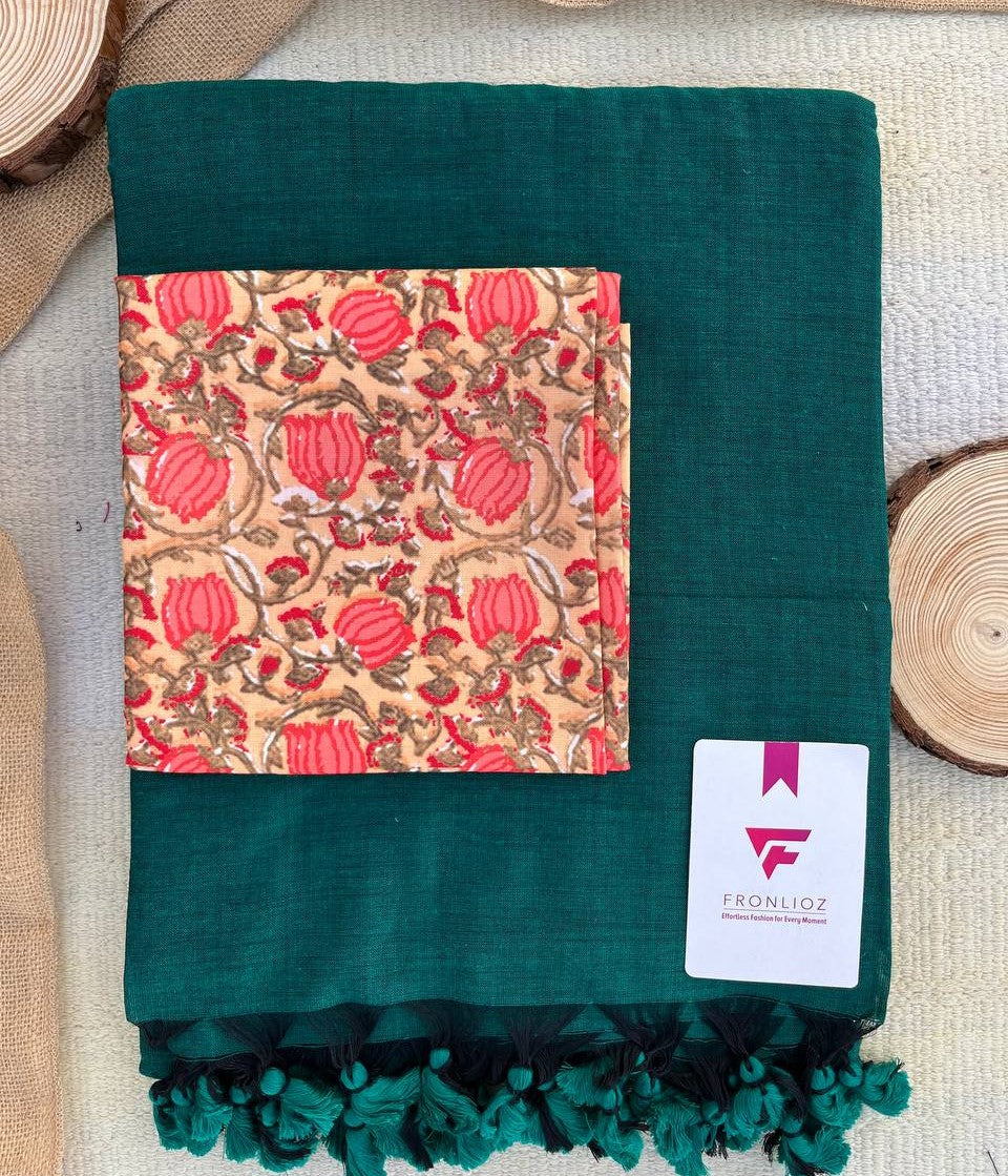 Green Khadi Cotton Saree & Designer Blouse